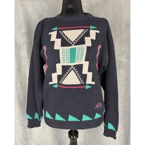 Vintage Stanley Blacker Aztec Navajo Print Cotton Sweater Mens Medium Blue